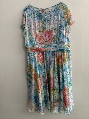 Adrianna Papell Watercolor Sequin Chiffon Midi Dress Plus Size 14W Floral Formal
